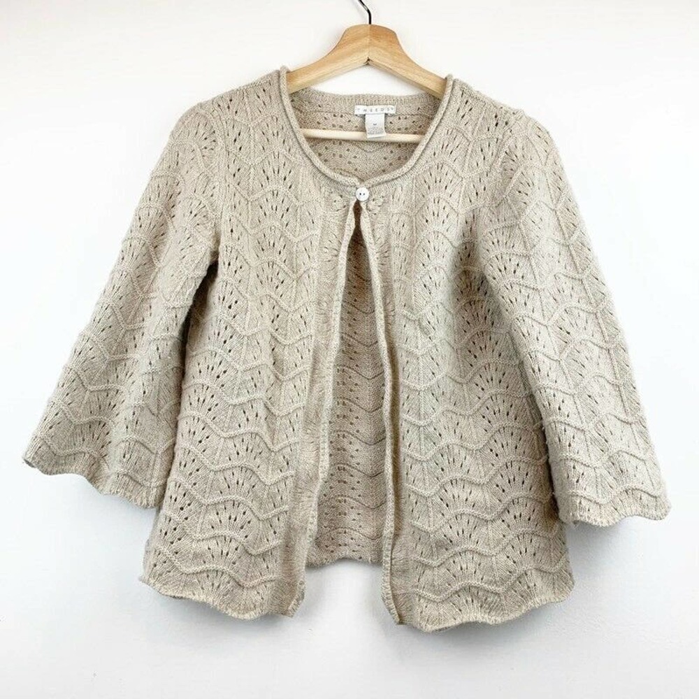 Tweeds Cardigan Sweater Beige Chevron M